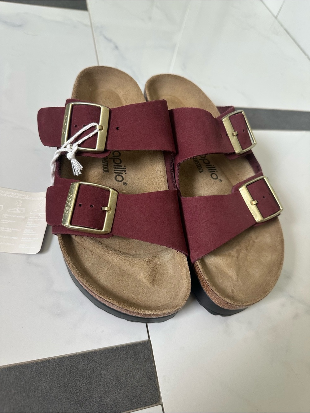 Birkenstock platform Burgundy Two-Strap Sandals with Gold Buckles - Picture 3 of 4